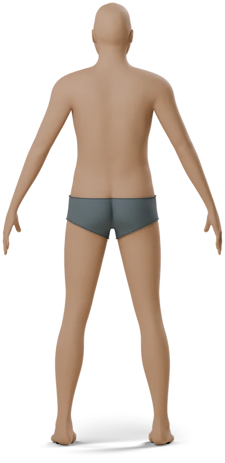 Clay figure, male body, warm umber tone, back view, with the 8 back injection sites drawn on it.