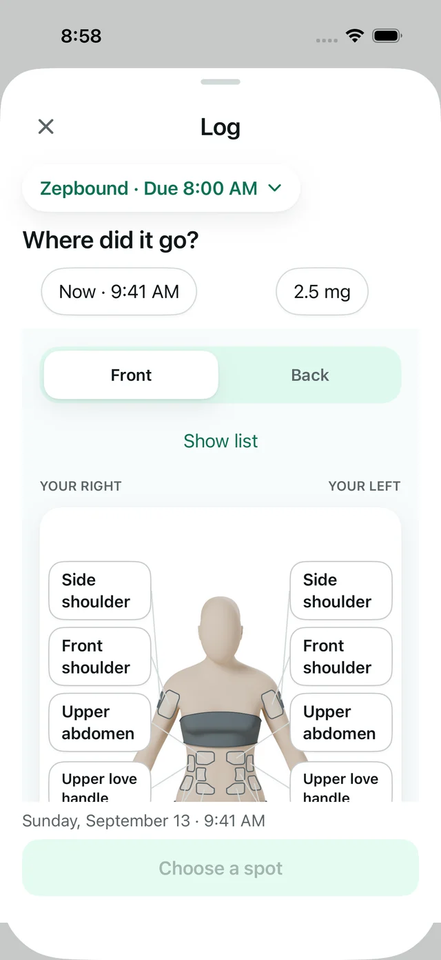 The FreshSpot Log sheet. It asks: Where did it go? The time reads Now, 9:41 AM, the dose reads 2.5 mg, and site labels surround a clay figure, front view.